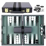 Backgammon Koffer, mit Hochwertiger Ledertasche Tragbares und Reise-Backgammon-Set (Blau-grau)
