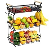 Obstkorb mit 3 Ebenen und 2 Bananen-Aufhängern für Küchenarbeitsplatte, Gemüse-Arbeitsplatte, Aufbewahrungshalter, große Kapazität, Metalldraht, Obstständer, Organizer für Zwiebel, Snack, schwarz