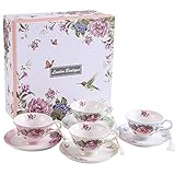 London Boutique Teeservice aus Porzellan, Kaffeetassen/Teetassen mit Untertassen, Vogel-, Blumen- und Schmetterlingsmotive, 4-teiliges Set Geschenk-Box (4 Pastellfarben)