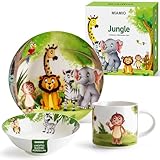 MIAMIO - 3er-Set Kindergeschirr/Porzellan Kinderbesteck, Kindergeschirr-Set aus Porzellan - Inklusive Teller, Schüssel und Tasse - Für Kinder und Kleinkinder (Dschungel) Jungle Grün