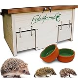 ERDENFREUND® Igelfutterhaus mit Rattenklappe + 2er Set Wasser- & Futternapf Igelhaus mit Rattenklappe artgerecht 2 Labyrinth Eingänge & Dachverschluss(Igelfutterhaus inkl. 2er Set Wasser-& Futternapf)