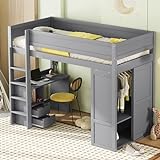 Aunlva 90 * 200cm Hochbett, vielseitiges Kinderbett, ausgestattet mit Kleiderschrank, Schreibtisch und Schubladen, Grau