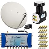 SkyRevolt PremiumX Satelliten-Komplettanlage 100cm Satellitenschüssel Hellgrau Multiswitch 5/8 Quattro LNB F-Stecker, 1 SAT bis 8 Teilnehmer