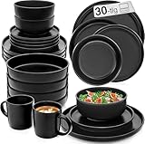 SÄNGER Madeira | Kombiservice 6 Personen, Teller Set matt Kaffeebecher Pastaschalen 30 tlg, Steingut Geschirr Set spülmaschinen- mikrowellen, Geschirrset aus Steingut schwarz | VALUE COLLECTION