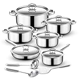 Retoo Topf und Pfannenset Induktion 15-teilig Kochtopf Set mit Deckel, 3 Schöpfkellen, Pfanne, Topfset Edelstahl Bratpfanne, Griff, Spülmaschinengeeignet Durchmesser 17/19/21/25 cm