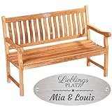 Sterngraf Hochzeitsbank mit Gravur-Schild zB. Lieblingsplatz (Namen), Teakholz Gartenbank Mendip 130cm, Edelstahlschild personalisiert, Geschenk zur Hochzeit/Vermählung