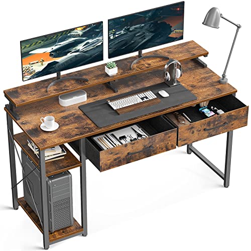 ODK Computertisch mit Schubladen und Ablagefächern, 120cm Home Office Schreibtisch mit Monitorständer, Arbeitsstudie PC-Schreibtisch für kleine Räume, Rustikales Braun