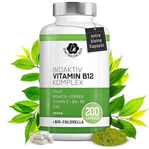 Vitamin B12 Komplex - Mit Power-Alge Bio Chlorella - 200 Vitamin B12 Tabletten hochdosiert gegen B12-Mangel - B12 vegan mit beiden Aktivformen, Depotform, MTHF-Folat, Vitamin C, B6 und B9