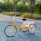 UZAMIRLEX Adult Trike Bike, 24 Zoll Dreirad for Erwachsene, 6-Gang-Lastenrad, Verstellbarer Sattelgriff, Gelb, 180 cm x 76 cm