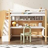 FEZTOY Hochbett mit Bücherregal und Stauraumtreppe für Kinder, Kinderbett mit Schreibtisch, inklusive Lattenrost, 90x200cm, Bettgestell, für Jungen und Mädchen,