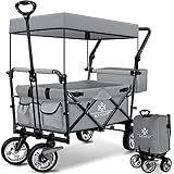 KESSER® Bollerwagen faltbar GT9000 mit Dach Handwagen Transportwagen | inkl. 2X 3-Punkt Gurtsystem| klappbar | Vollgummi-Reifen | bis 80 kg | Vorder- und Hinter-Bremse + Tragetasche, Grau