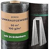 Praknu Unkrautgewebe Unkrautvlies 100g/m2 𝗘𝘅𝘁𝗿𝗮 𝗦𝘁𝗮𝗿𝗸 - 50m2 mit 24 Erdanker - Wasserdurchlässig & Reißfestes - Bändchengewebe (1m breit x 50m)