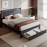 Mokylor Bett 160x200 cm, Polsterbett Doppelbett mit LED und USB, Stauraumbett mit 1 Eisenschubladen, Jugendbett Bettgestell mit Lattenrost und Kopfteil. (Grau-E, 140x200cm)