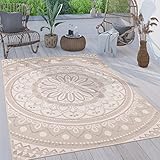 Paco Home Outdoor Teppich wetterfest & robust modernes Mandala & Boho Design pflegeleicht & flachgewebt für Balkon, Terrasse, Garten, Wohnzimmer & Küche Ethno Mandala, Grösse:160x220 cm, Farbe:Sand