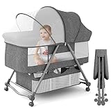 XJD Babybett mit weich Matratze Reisebett inkl. Lagerung, Wiege-Funktion, Faltbar, Schlupf und Transporttasche, ab Geburt bis 20 kg, Stubenwagen Komplett Set für 0-6 Monate Baby und Kinder, Grau