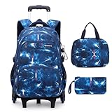 Amythe Schulrucksack Trolley für Jungen Teenager Rucksack mit Rollen 3-teilig mit Lunchtasche Federmäppchen, Wasserdichter Lässige Daypack 30L, Große Schultasche für Schule & Reisen, Blau