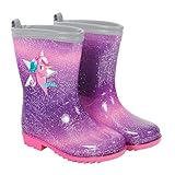 PERLETTI Kinder Einhorn Gummistiefel Rosa mit Glitzern - Wasserdichte Regen Stiefel Regenstiefel mit Rutschfeste Sohle und Silber Rand Reflektierend - Unicorn Stiefeletten Mädchen (Lila, 24/25 EU)
