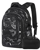 Schulrucksack, Teenager Jungen Schulranzen, Rucksack Herren 17.3 Zoll Laptop, Schwarz Ergonomie Tagesrucksack Schule Schultaschen Daypack Rucksäcke für Reise Universität Jungs Wasserdicht Groß 48CM