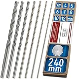WELIQU Holzbohrer Set 7-teilig, 240 mm lange Balkenbohrer 4,5,6,7,8,10,12 mm mit TopCut-Schliff: Exakt-Schnell-Sauber, Länger scharfe HSS/HCS Holzspiralbohrer, 24 cm Bohrer für Holz