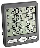 TFA Dostmann Klima-Monitor Funk-Thermo-Hygrometer mit 3 Sendern, Kunststoff, Grau L 116 x B 24 (64) x H 126 mm