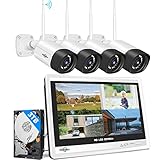 【5MP+3TB Festplatte】 Hiseeu Überwachungskamera Set Aussen WLAN mit 12''Monitor 10CH Wireless NVR,4 Pcs 5MP WiFi Kameras mit Farbe Nachtsicht,2-Wege Audio,Fernanzeige,App&Mail Alarm,3TB HDD Inklusive