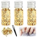 VFANDV 3 Flaschen Blattgoldflocken mit Pinzette Dekorative Gold Blatt Blattgoldtabletten DIY-Bastelgoldfolie Dekorfolie für Malerei Harzkunst Vergoldete Statue Nagelkunst (Gold)