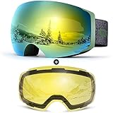 Odoland Skibrille Ski Goggles für Damen und Herren Jungen Rahmenlose Snowboardbrille mit Magnetische Wechselglas UV-Schutz Helmkompatible zum Skifahren Grün Gelb