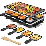 2-in-1 Rauchloser Raclette-Grill, 1300W Tisch-Elektrogrill mit 1 umkehrbarer Antihaft-Grillplatte & 8 Mini Käse-Raclette-Pfännchen & 1 Holzspatel, für Indoor-Familienfeiern und BBQ