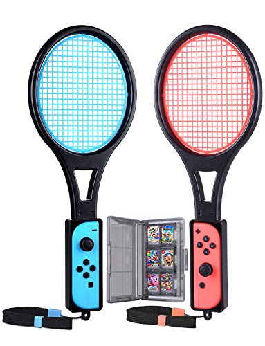 Tendak Tennisschläger für Nintendo Switch Mario Tennis Aces Spiele Tennis Racket für Joy-Con Controllers mit 12 in 1 Spiele Karte Case Tasche (2 Stück, Blau und Rot)
