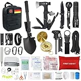 Außen Notfall Survival Kit mit Erste Hilfe Set, WayinTop Survival Ausrüstung mit Multi-Tool Axt, Klappspaten, Rettungsdecke Kompass, für Männer Camping/Abenteuer/Wandern im Freien (Schwarz)