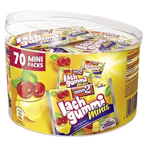 nimm2 Lachgummi Minis Runddose – 1 x 735g (70 Mini Packs) – Fruchtgummi mit Fruchtsaft und Vitaminen