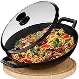 KAISERTAL 32cm Gusseisen Wok Induktion - Wokpfanne aus Gusseisen mit Glasdeckel - Gusseisenpfanne perfekt für für Gasgrill, Herd, Ofen & Paella Pfanne - Induktionsgeeignet für Stir Fry oder Sac Tava