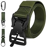 Aomig Taktischer Gürtel Herren, Verstellbarer Nylon Arbeitsgürtel, Outdoor Stoff Tactical Gurt Belt mit 2 Taktischen Schlüsselhaken&Metallschnalle, Taktischer Belt Ohne Löcher Herren(Armeegrün)
