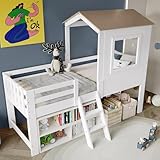 Kinderbett, Halbhohes Bett, Hausbett mit Dach und Fenster, Vierseitiger Zaun, mit kleine Treppe, Freier Stauraum unter dem Bett, Kiefer + MDF + Sperrholz, Weiß+Natur, 90x200cm