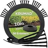 KRUMAD Rasenkante Kunststoff 10m x 6cm, Flexible Beeteinfassung, Wetterfest & UV-beständig, Beeteinfassung Garten, Zaun Garten, Beetumrandung mit 30 Erdankern, Kunststoff Rasenkante für Garten & Wege