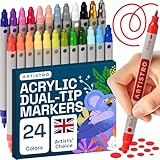 Artistro 24 Acrylstifte für Steine Wasserfest mit Doppelspitze (Feine Spitze 1mm + Pinsel 5mm) Acrylmarker, Zeichenset, Multimarker für Textil, Leinwand, Glas, Holz, Papier für Kinder und Erwachsene
