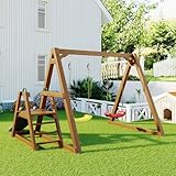Kinder-Doppelschaukel, Outdoor-Schaukelgestell aus Massivholz, Gartenschaukel, stabile Kinderschaukel mit 2 Schaukelsitzen und 1 Rutsche und Leiter, Maße 2,3 x 2,3 x 1,7 m