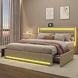 KeepGoon Doppelbett 160 x 200 cm,Polsterbett mit LED-Leuchten, 4 Eisenschubladen und einem USB Ladeanschluss,Stauraumbetten Bettgestell,Leinenstoff (Beige)