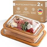 Exitoso Servierbrett Holz Aufschnittboxen für Kühlschrank Glas 2er Set Stapelbar - Käseglocke Wurstbox Frischhaltedosen Käse Aufbewahrung Wurstdose - Frischhaltebox