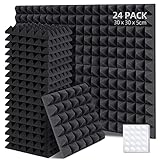 Ohuhu Akustikschaumstoff Akustikpaneele 24 Stück mit Aufkleber, 30 x 30 x 5 cm Pyramidenplatten Schallschutz Wand Schallschutzplatten Schalldämmung für Tonstudio Podcasts Youtube-Zimmer, Anthrazit