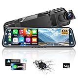Alpinetech Rückfahrkamera Spiegel mit Wireless CarPlay Android Auto, 9,66 Zoll 2,5K Dashcam Spiegel mit Einparkhilfe Loop-Aufnahme Bluetooth AUX 64G SD-Karte HD Touchscreen, Schwarz