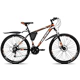 Hiland Mountainbike MTB 26 Zoll mit Rahmentasche 17 Zoll Aluminiumrahmen Scheibenbremse Speichenräder Jugendliche Fahrrad Herr Damen Schwarz&orange
