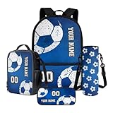 Xoenoiee Individuelles 43,2 cm Rucksack-Set mit Lunchtasche, Federmäppchen und Wasserflaschenhalter, personalisierbar mit Namen und Nummer, Benutzerdefinierter Fußball, Blau, Einheitsgröße