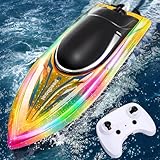 YOOHBERRYS Ferngesteuertes Boot, 2.4 GHz RC Boot, Motorboot Ferngesteuert Kinder mit DREI Mode LED-Licht und 2 Batterien, 15KM/H Rennboot Speedboot für Meere, Pools und Seen (Yellow)