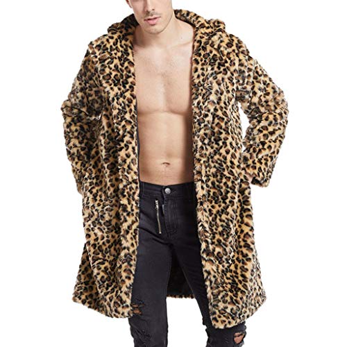 LOIJMK Herren Leoparden Winter warme Mode Outdoor-Wolle Fauxfur 'Mantel Kragen Lederhose Set Herren