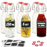 6er Set Glasflaschen 250ml mit Bügelverschluss - Bügelflaschen Zum Befüllen - inkl. 6 Extra Dichtungen & 12 Etiketten mit Stift - Glasflaschen für Öl, Essig, Saft & Limonade