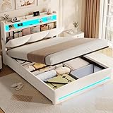 AOGLLATI Polsterbett 140×200 mit Steckdosen und LED-Beleuchtung, Doppelbett mit Stauraum Kopfteil, Bett 140×200 mit Hydraulische Metallrahmen und Lattenrost aus Holz, Bouclé, Beige（Ohne Matratze）