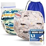 KIDVERSE 2er Set Schwimmwindel Baby 0-3 Jahre - Hautfreundliche Schwimmwindeln wiederverwendbar & saugstark - Baby Schwimmwindel mit Tasche & Wäschenetz (Türkis Beige Whales)