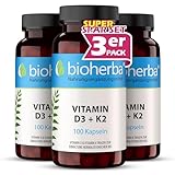 Bioherba Vitamin D3 + K2 – 300 Kapseln zur Unterstützung von Knochen und normaler Immunfunktion