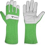 WFX Lange Gartenhandschuhe aus Leder für Damen, Herren, Damen, langlebig, Ziegenleder, Gartenhandschuhe, Unterarmschutz, dornensicher, Gärtnerarbeit, Rosenbeschneide, Geschenk (Grün, M)